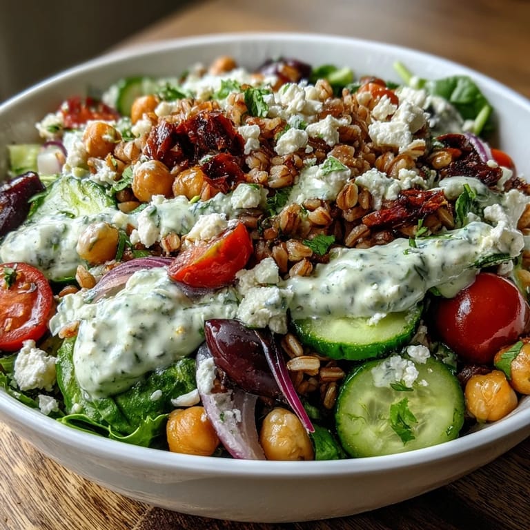 Nourishing Mediterranean Farro Bowl with farro, spinach, and vegetables, ready for a healthy weeknight dinner.