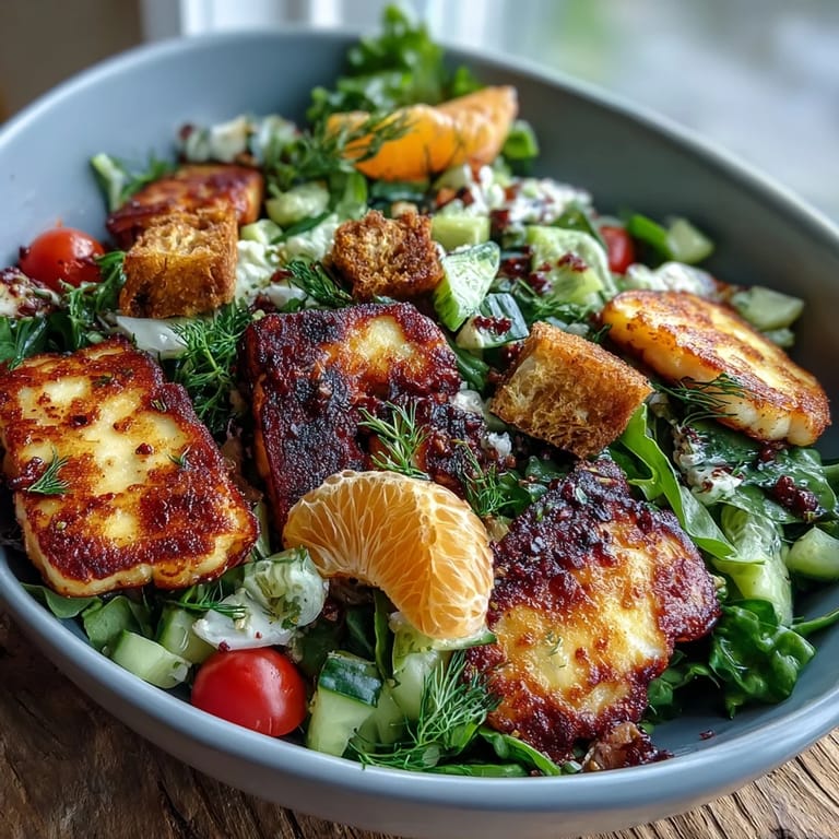 Tossing warm Halloumi Blood Orange Fattoush with sliced radishes, cucumber, and pomegranate molasses dressing creates a refreshing vegetarian meal.