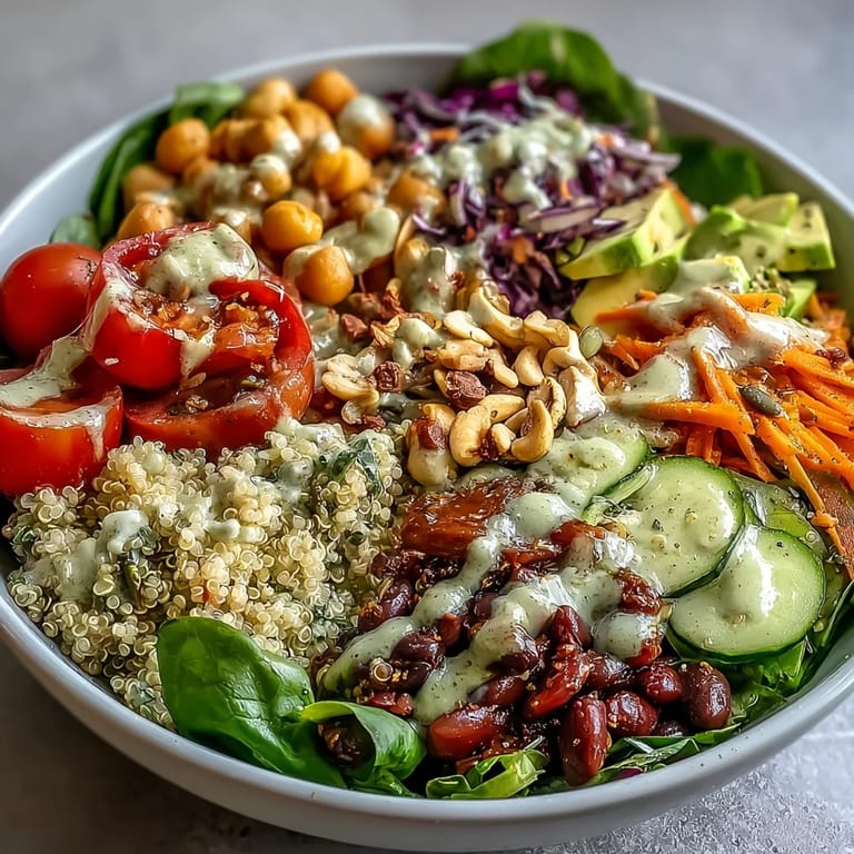 Freshly tossed Rainbow Salad Bowl with colorful beans, seeds, and zesty lemon dressing for a healthy lunch.  
