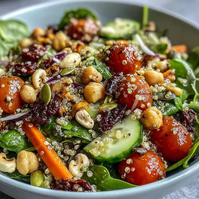 Close-up of a nutritious Rainbow Salad Bowl garnished with herbs, perfect for a vegan dinner or meal prep.