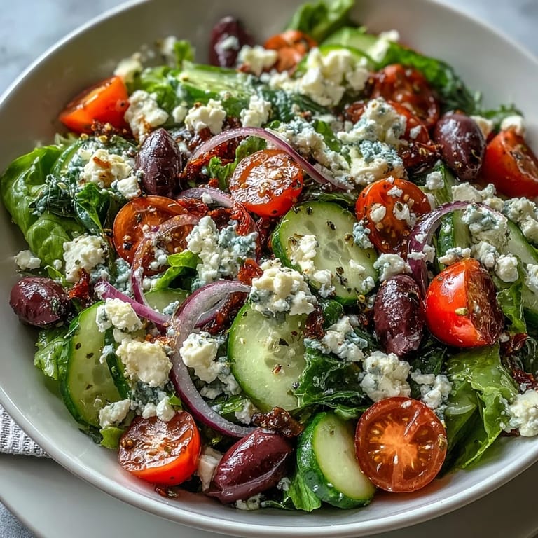 Bright Mediterranean Green Salad Bowl tossed with Greek dressing, red onion, and feta, perfect as a light meal.