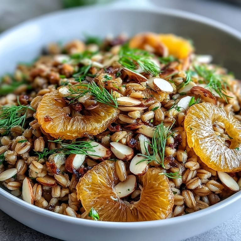 Hearty Farro Salad with Fennel, Oranges & Almonds served in a rustic bowl, perfect for a light Mediterranean-inspired lunch.
