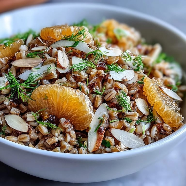 Fresh Farro Salad with Fennel, Oranges & Almonds topped with sliced almonds, ready to enjoy with a zesty vinaigrette.