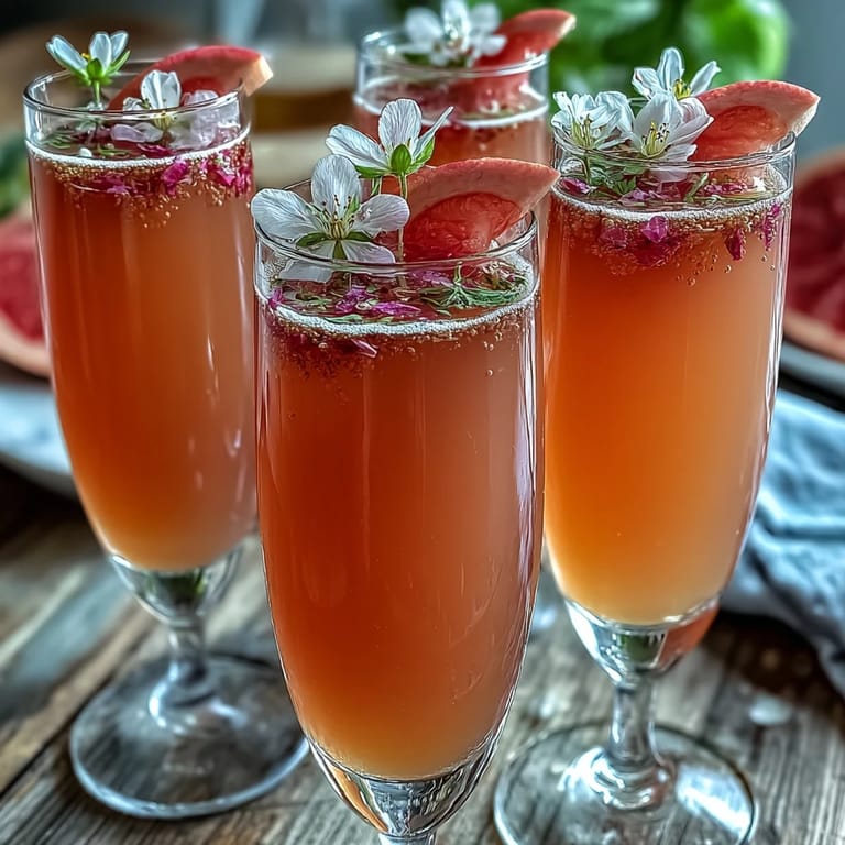 Clear glass of Elderflower Guava Mimosa bubbling with champagne and elderflower liqueur for a refreshing tropical sip.