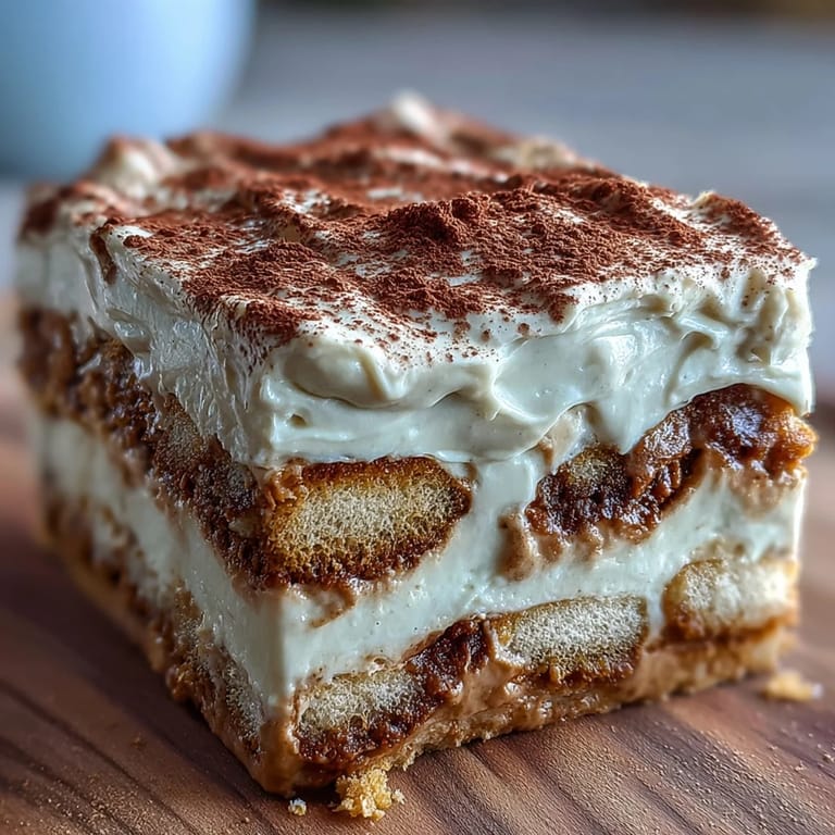 A slice of Japanese-Italian fusion tiramisu showcasing creamy mascarpone and hojicha syrup.