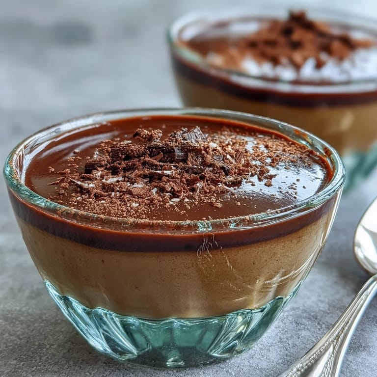 Rich, creamy Hojicha Pudding in a glass, garnished with cocoa powder and a spoon.