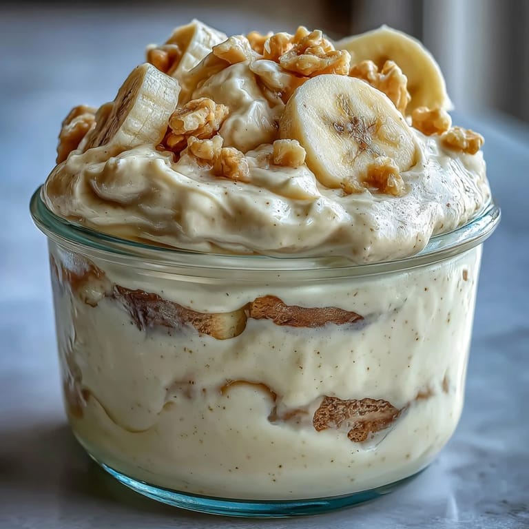 A single serving of Protein Banana Pudding topped with a fresh banana slice, perfect for a healthy high-protein dessert or snack.