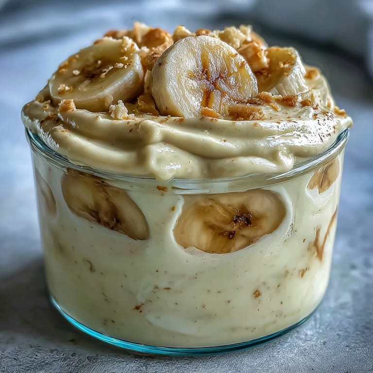 Close-up view of Protein Banana Pudding, highlighting the rich Greek yogurt texture and crumbled sugar-free vanilla wafer layers inside a jar.