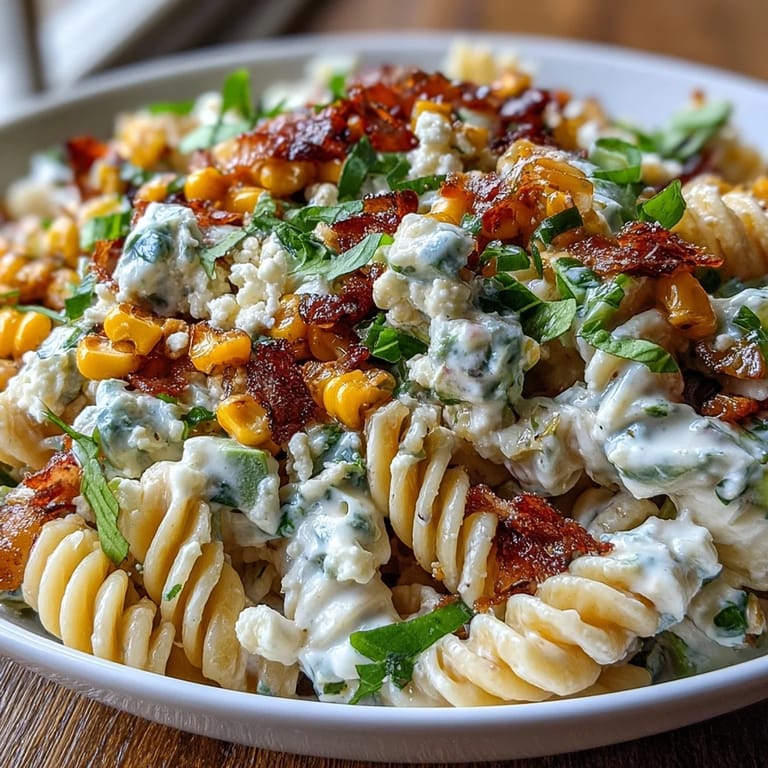 This vegetarian Creamy Street Corn Pasta Salad is topped with avocado, spicy cheddar, and a drizzle of lime mayo.