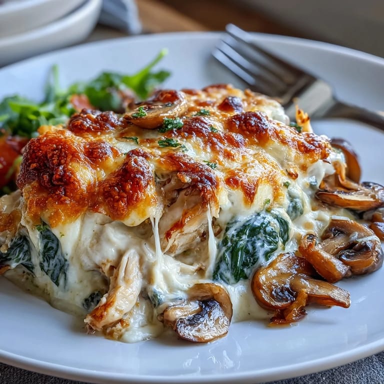 Tender chicken breast, sautéed mushrooms, and wilted spinach make up the creamy filling of this low-carb casserole.