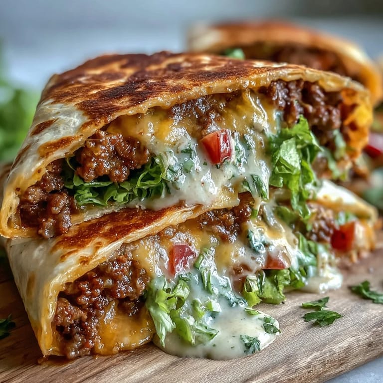 Two Keto Crunchwraps sliced in half on a plate, showing layered beef, cheese, and diced tomatoes.