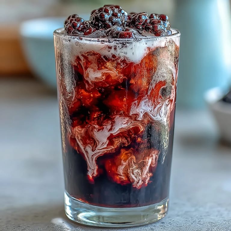 Cold Midnight Malibu Dirty Soda drink with ice cubes, marbled blackberry syrup, and a velvety coconut cream topping.