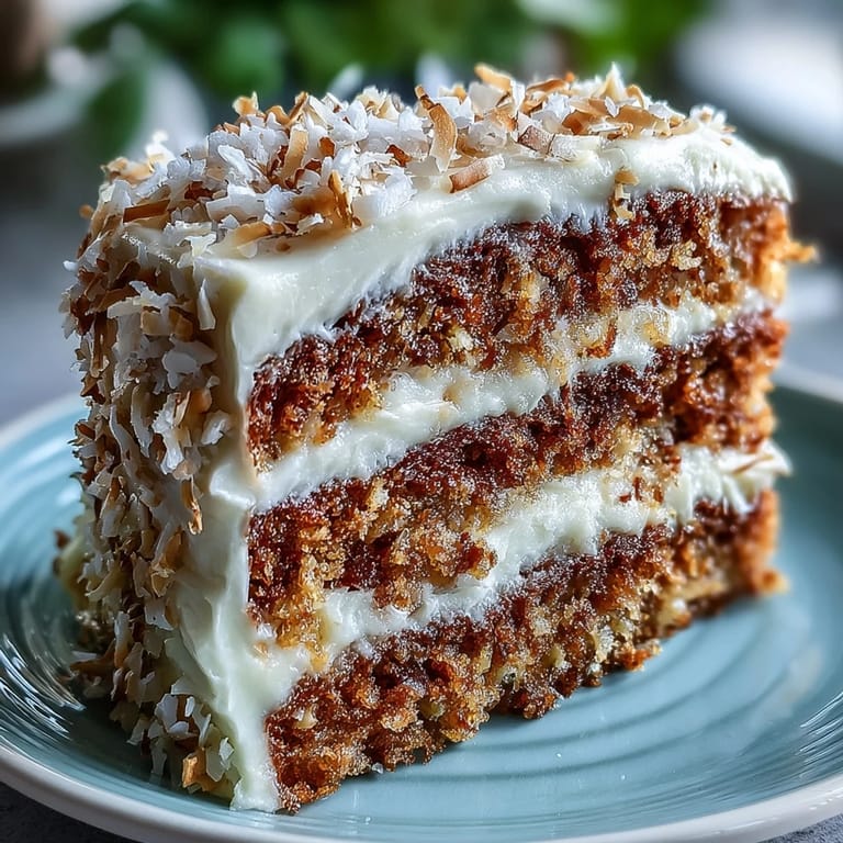 Close-up of frosted Christmas Hawaiian Carrot Pineapple Cake garnished with toasted coconut, ready to serve on a festive platter.
