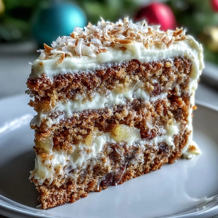 Spatula lifting a slice of Christmas Hawaiian Carrot Pineapple Cake to reveal pineapple and carrot texture beneath creamy frosting.