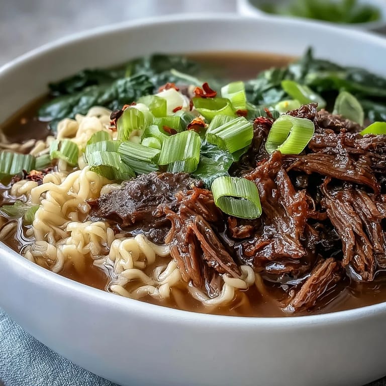 Noodles and beef simmered in slow cooker for hours, topped with soft-boiled egg and green onions.