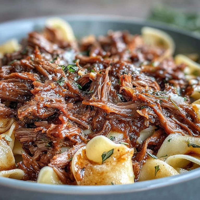 A hearty bowl of Crockpot French Onion Pot Roast Pasta, with rich brown gravy pooling around noodles and melted Gruyère cheese on top.
