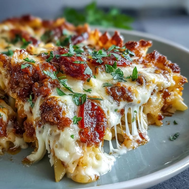 Close-up of creamy High-Protein Pizza Pasta Bake showing penne pasta, lean beef, and melted mozzarella.