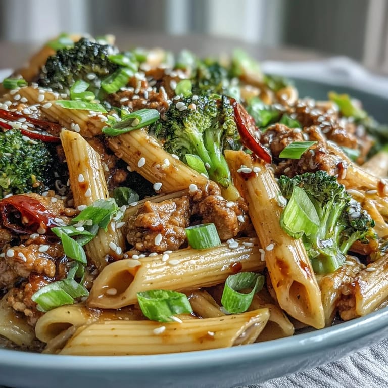 A steaming skillet of sweet and spicy turkey broccoli pasta ready to serve.