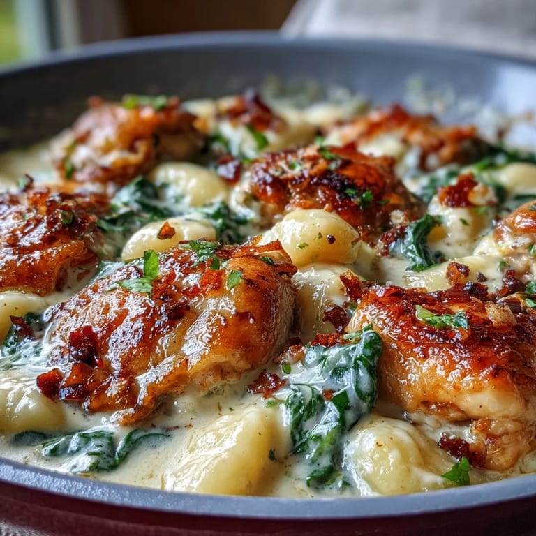 Fresh parsley and extra grated Parmesan garnish this One-Pan Creamy Garlic Chicken Gnocchi served alongside warm, crusty bread.