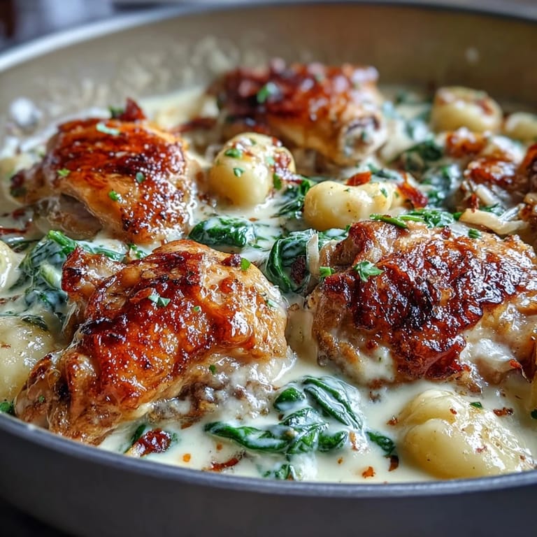 One-Pan Creamy Garlic Chicken Gnocchi bakes in the skillet, showcasing tender chicken and gnocchi coated in rich, garlicky cream sauce.