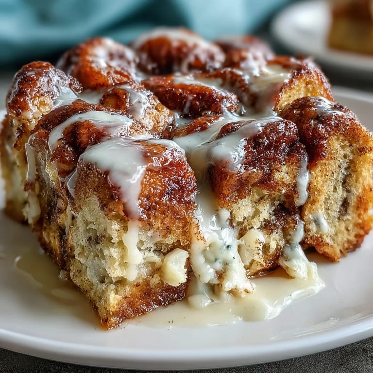 Slice of Cream Cheese Swirl Cinnamon Roll French Toast Bake on a white plate, revealing creamy cheese swirls and moist, custardy brioche soaked in cinnamon.