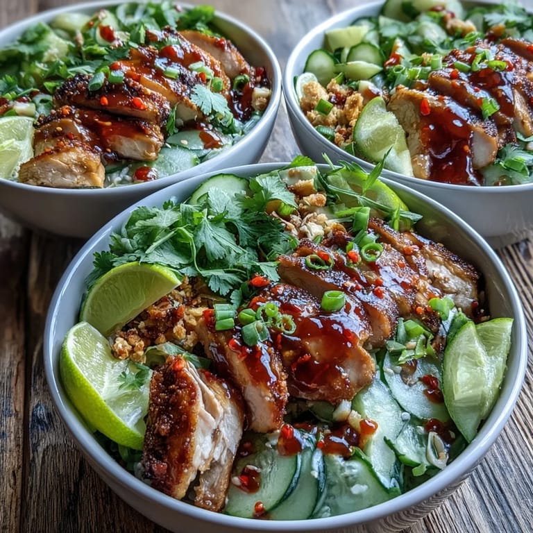 Overhead view of TikTok Chili-Crisp Cucumber Chicken Bowls topped with chili crisp, sesame seeds, and fresh cilantro, served with rice.