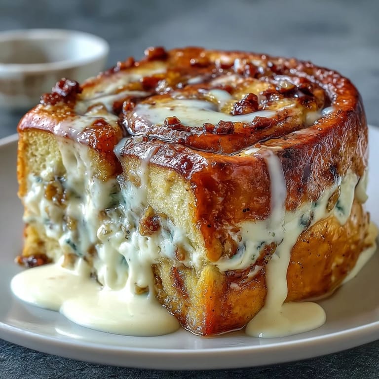 A spoon scoops into the creamy Cream Cheese Swirl Cinnamon Roll French Toast Bake revealing cinnamon and banana swirls.