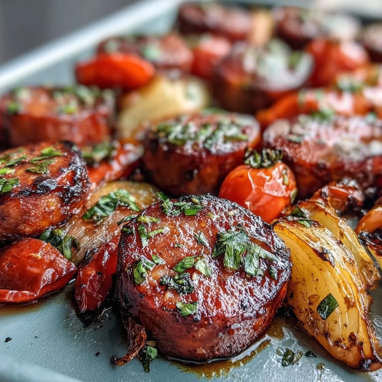 Smoky sheet pan sausage and veggies with naan, featuring charred edges on roasted vegetables and plump sausage slices, garnished with fresh parsley and lemon wedges.