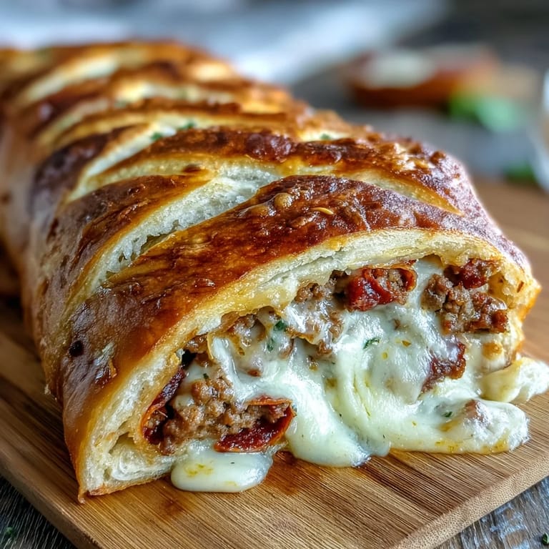 Golden Baked High-Protein Pepperoni Stromboli served warm with a side of tangy pizza sauce.