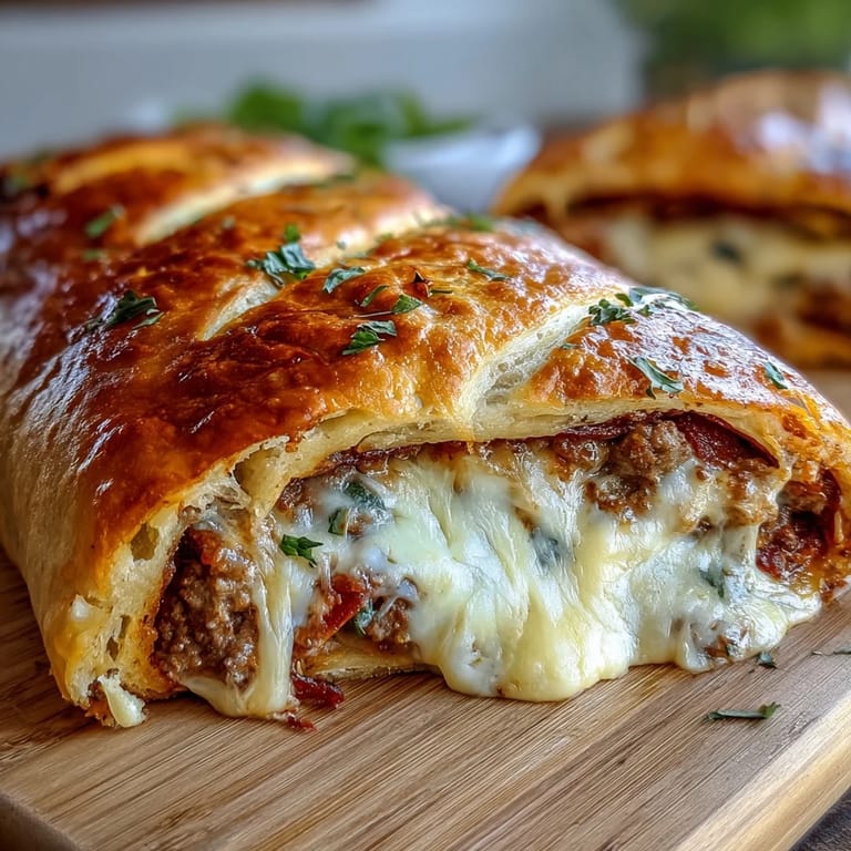Slice of Baked High-Protein Pepperoni Stromboli revealing melted mozzarella and hearty beef filling.