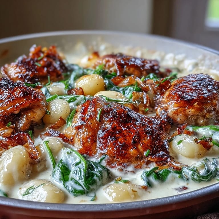 Sizzling One-Pan Creamy Garlic Chicken Gnocchi emerges from the oven, with bubbling Parmesan cream sauce pooling around juicy chicken thighs.