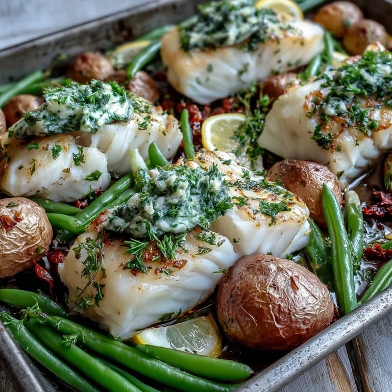Plated Garlic Herb Butter Cod with roasted baby potatoes and green beans, drizzled with lemony herb butter and ready to serve for dinner.