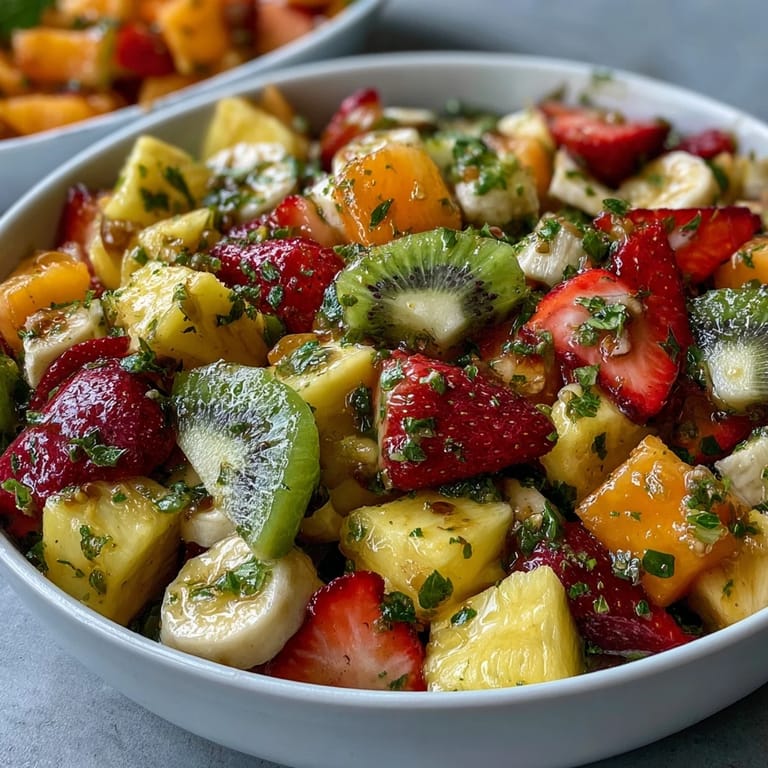 Close-up of Tropical Fruit Salad with Mint Lime Dressing, showing diced mango, sliced bananas, and mint leaves with lime zest.