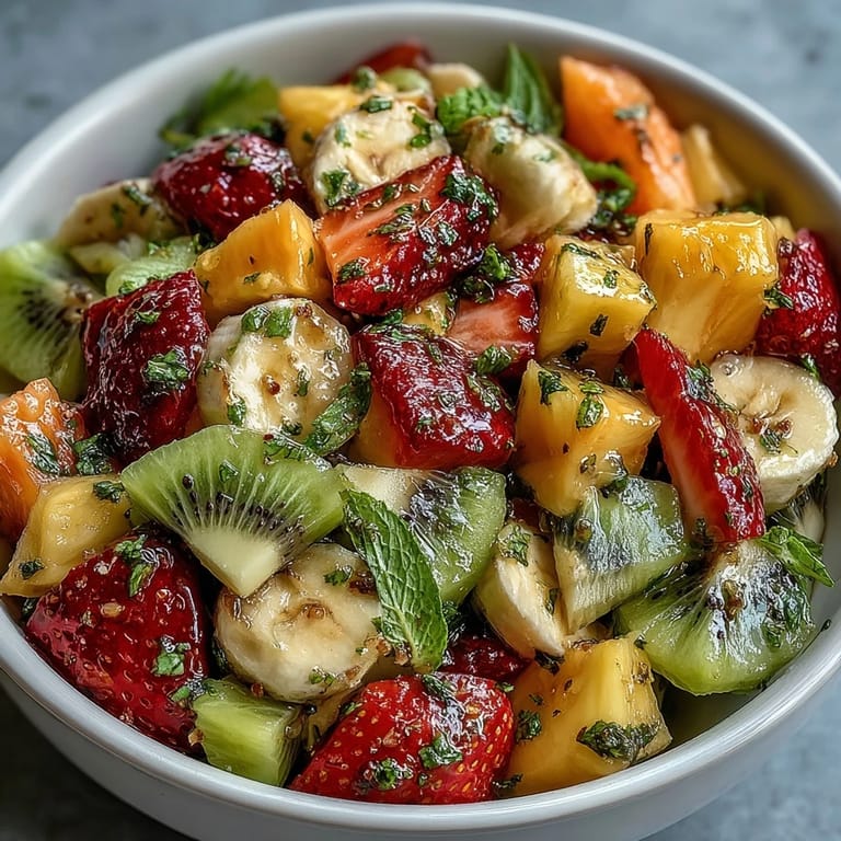 Freshly tossed Tropical Fruit Salad with Mint Lime Dressing, piled high with watermelon, papaya, and strawberries in a rustic bowl.
