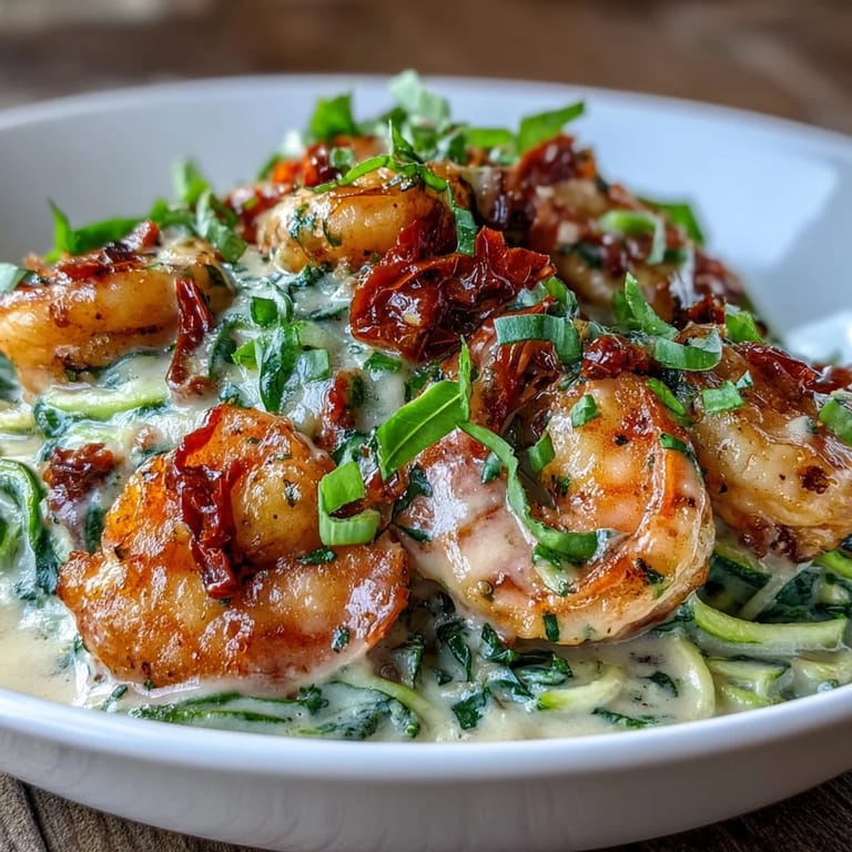 Serving suggestion for Keto Creamy Garlic Tuscan Shrimp with Zucchini Noodles, plated with parsley and extra Parmesan for a delicious low-carb meal.