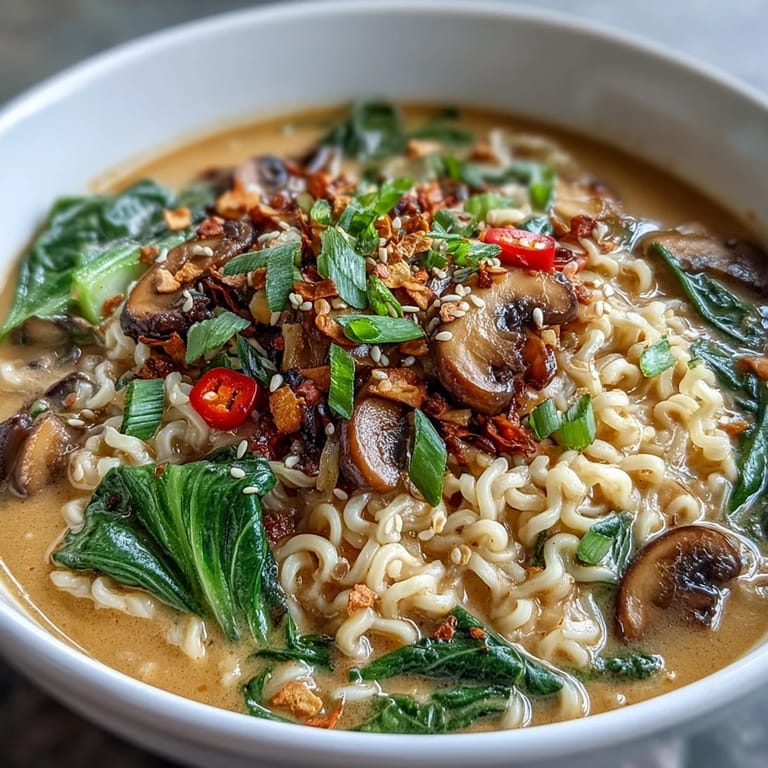 Overhead view of Vegan Coconut Curry Ramen with Bok Choy and Mushrooms featuring carrots, noodles, and chili slices.