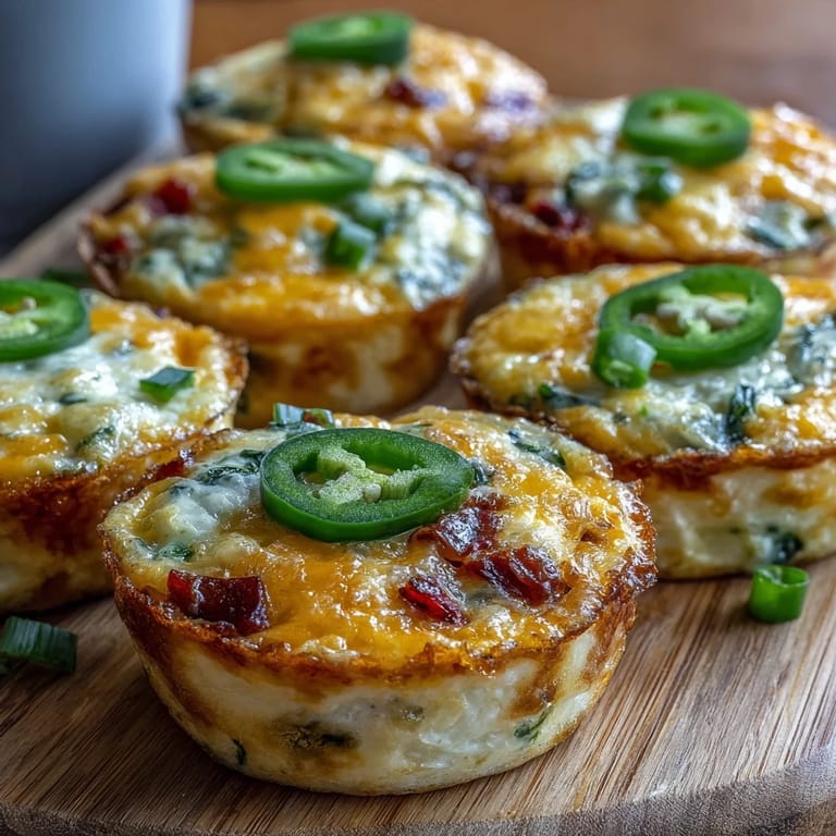 Six Keto Jalapeño Cheddar Egg Cups sit on a cooling rack, garnished with fresh cilantro and extra sliced peppers for a spicy kick.