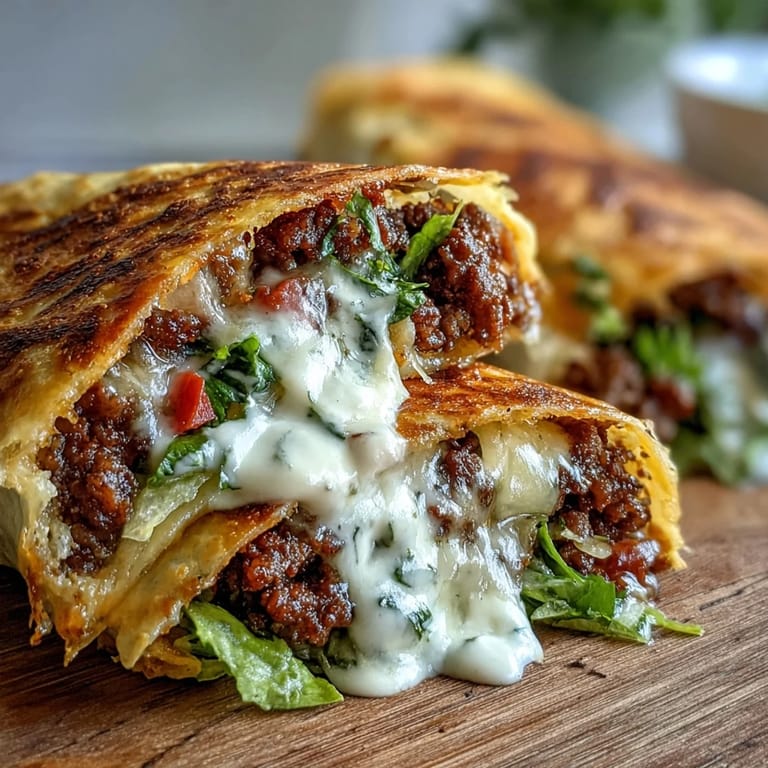 Two Keto Crunchwraps sliced in half on a plate, showing layered beef, cheese, and diced tomatoes.