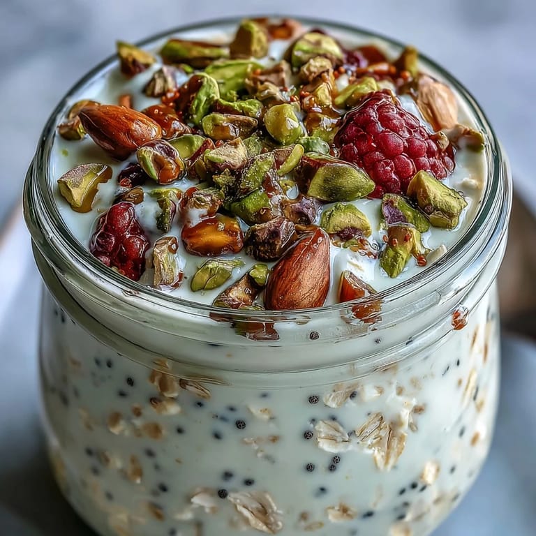 Protein-packed overnight oats featuring rolled oats, pistachios, and chia seeds for a healthy breakfast jar.