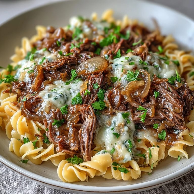 Hearty crockpot French onion pot roast pasta featuring slow-cooked chuck roast, savory onion gravy, and melted Gruyère cheese topping.