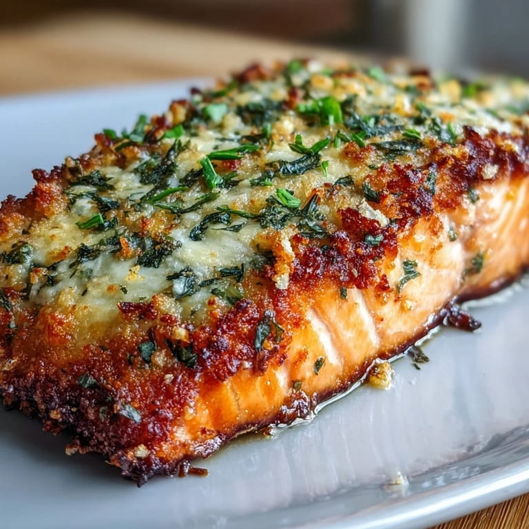 Tender salmon fillets topped with savory garlic-Parmesan crust, served alongside crisp roasted broccoli and bright lemon wedges for a keto-friendly dinner.