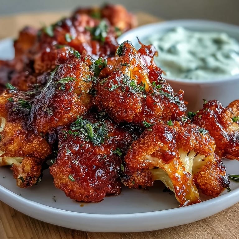 Roasted cauliflower florets tossed in zesty buffalo sauce and served with a cool, herby ranch yogurt dip for a vegetarian treat.