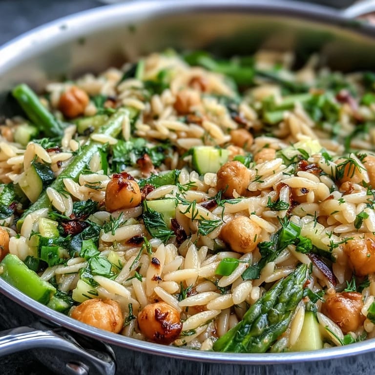 Creamy one-pot orzo pasta dish featuring tender chickpeas, crisp spring vegetables, and bright lemon-herb flavors, perfect for a healthy dinner.