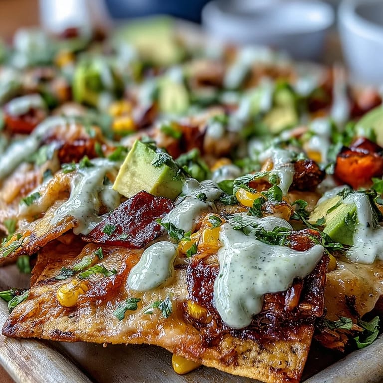 Golden sheet pan nachos topped with tangy salsa verde, roasted bell peppers, zucchini, and rich homemade cashew queso.  