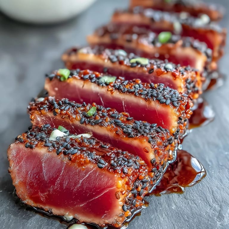 Elegant pan-seared tuna coated in toasted black sesame seeds, paired with tangy wasabi mayonnaise.