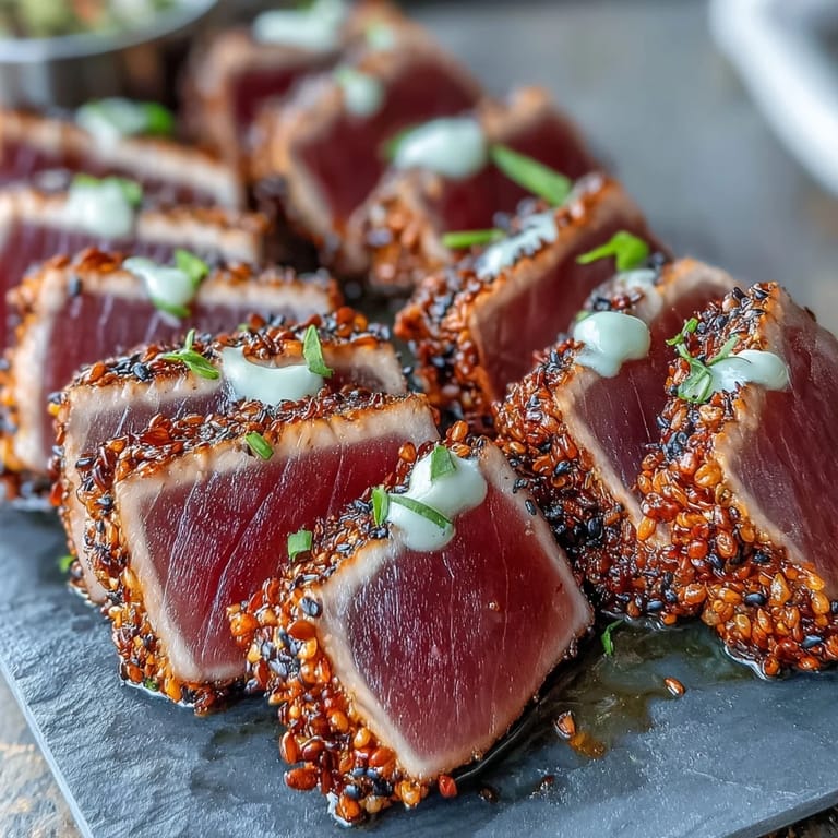 Crunchy black and white sesame crusted tuna steaks drizzled with zesty wasabi mayo and sliced thin.