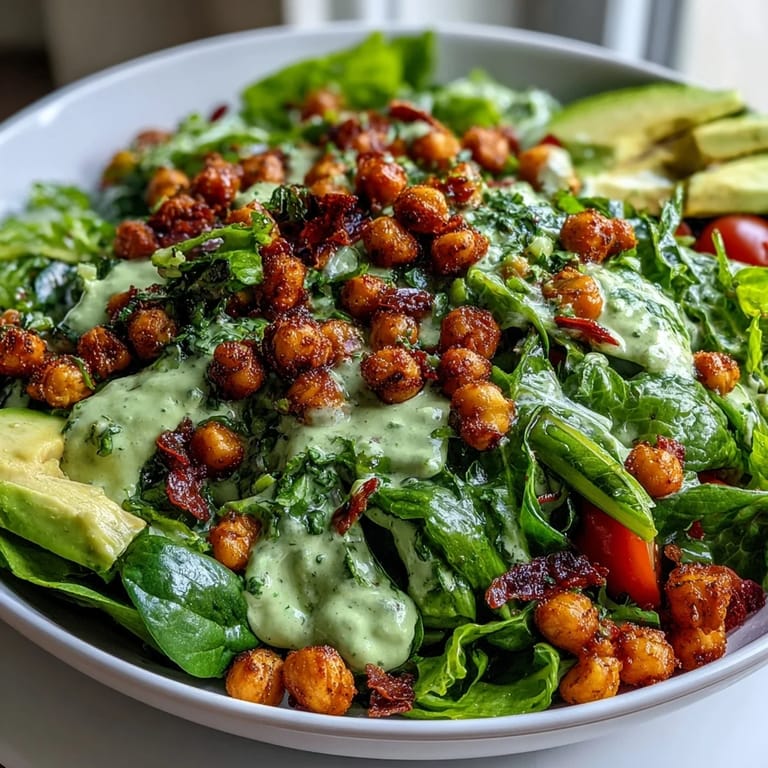 Fresh spinach and avocado salad topped with smoky crispy chickpeas and a rich, nutty pistachio herb dressing.