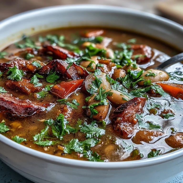 A comforting Tex-Mex bowl of ham and pinto bean soup topped with fresh cilantro, lime, and diced avocado.  
