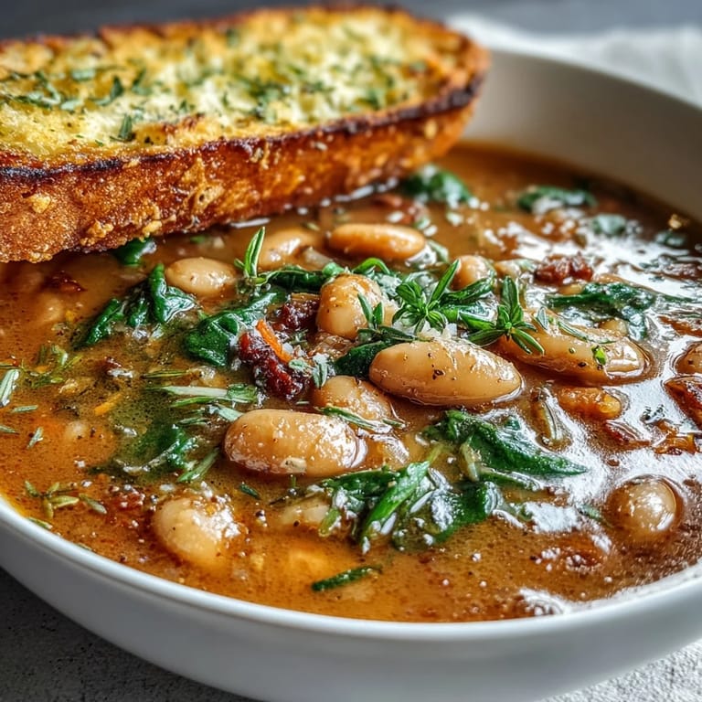 Rustic Italian white bean soup served with golden garlic bread, a wholesome vegetarian meal.