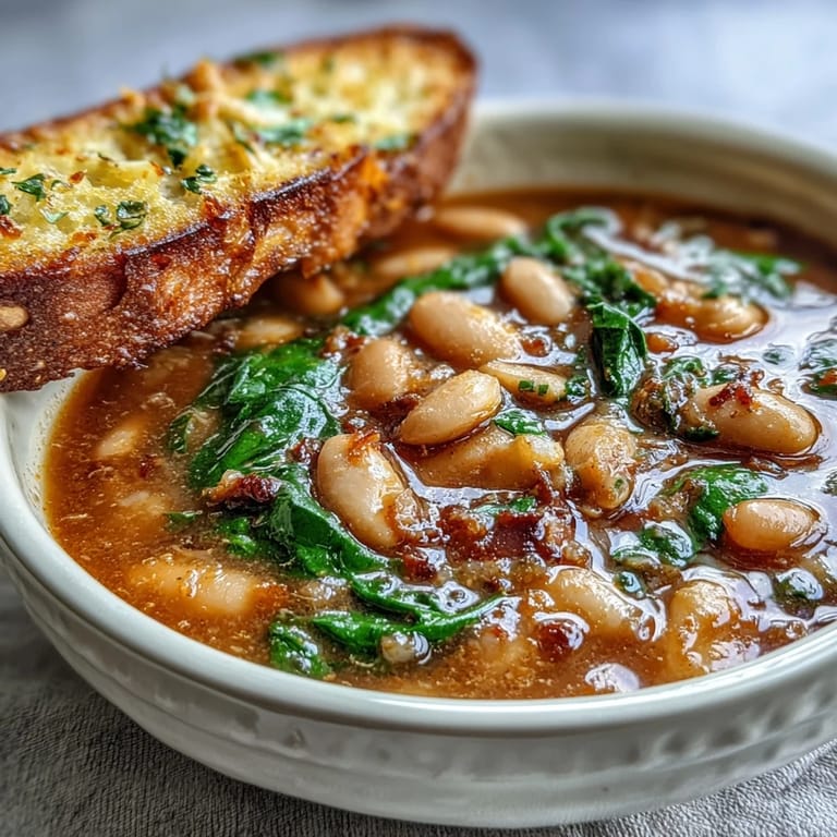 Hearty cannellini bean soup with aromatic herbs and crisp, garlicky bread, ideal for comfort food lovers.  